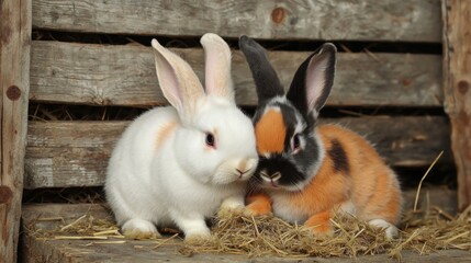 Two adorable rabbits cuddling together on straw.