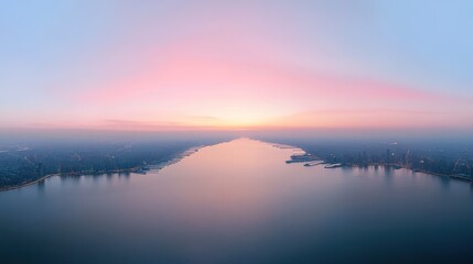 Fototapeta premium Serene Sunrise Reflection Over Calm Water and Urban Skyline