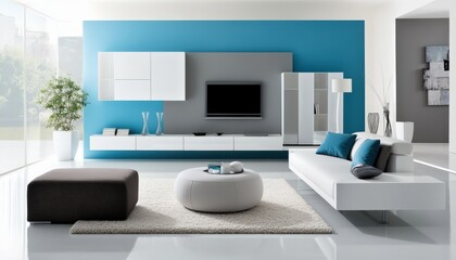 Modern Teal and Gray Living Room Interior Design with White Sofa and Furniture