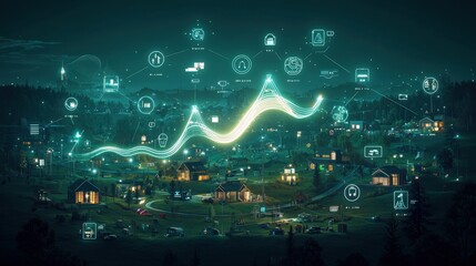 Obraz premium Achieving Improvement Goals Through Data Visualization in Smart Cities Urban Environment Infographic Nighttime Viewpoint Technology Concept