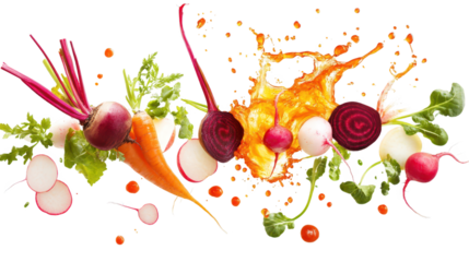 Colorful splashes with carrot, beetroot and vegetables on a white background