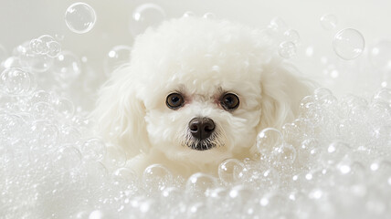 泡に包まれたビション・フリーゼのかわいいスタジオポートレート