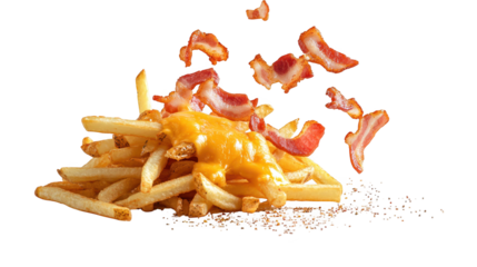 Indulge in crispy golden fries, a delicious pile of savory bacon and melted cheese topping