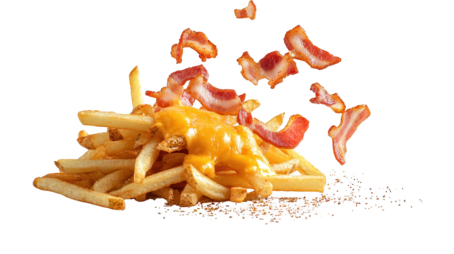 Indulge in crispy golden fries, a delicious pile of savory bacon and melted cheese topping