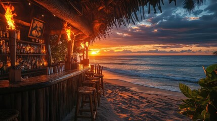 Tropical beach bar at sunset with tiki torches and ocean views 