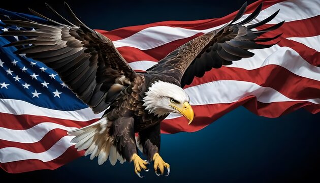 Majestic Bald Eagle Soaring, American Flag Backdrop: A Patrioic Image