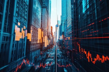 Overview of a Bustling City Street at Sunset With Digital Stock Market Visuals Integrated