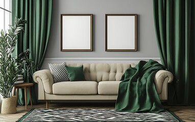 Elegant living room interior design, beige sofa, green accents, calm atmosphere, home decor.