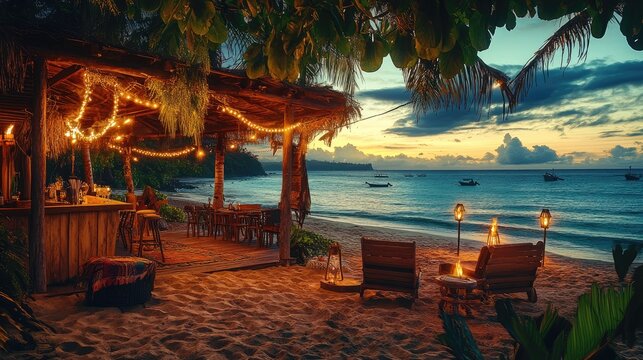 Tropical beach bar at sunset with tiki torches and ocean views 
