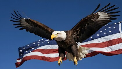 Naklejka premium Majestic Bald Eagle Soaring with American Flag: A Patriotism Image