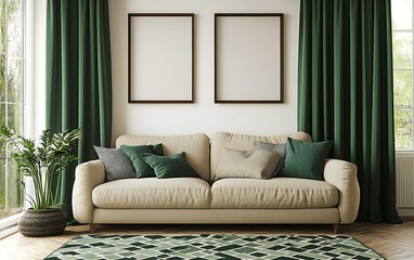 Fototapeta premium Beige sofa in green room, mockup posters, interior design.