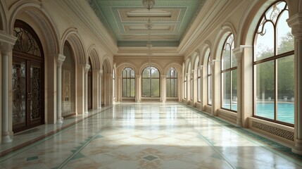 Elegant Interior with Arched Windows and Marble Floor