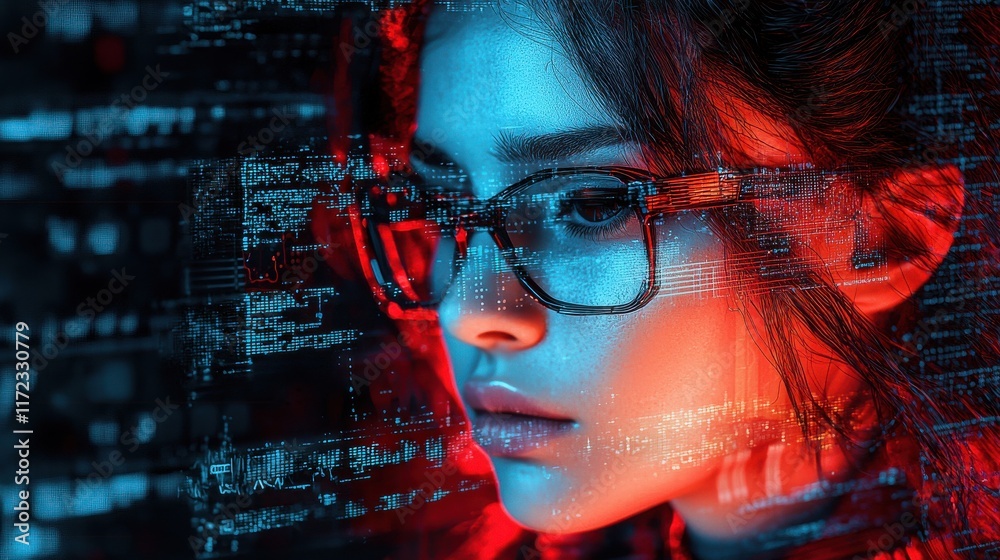 Poster Cybernetic human merging with technology in a concept standard exploring the intersection of humanity and advanced systems