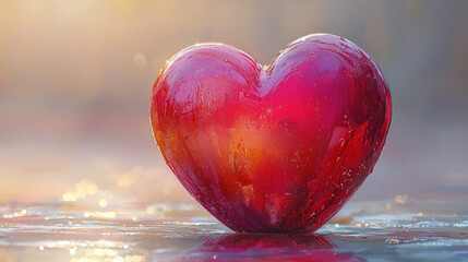 Glass heart glistening on frosty surface at sunrise with blurred background