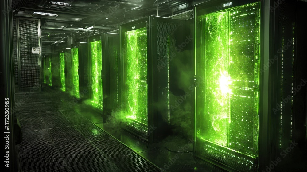 Leinwandbilder Illuminating data processing data center with rows of glowing servers technology hub digital infrastructure futuristic environment wide-angle view data center concept