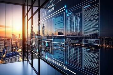 Obraz premium Achieving Business Goals Through Data Visualization Modern Office Infographic Reports Urban Setting Wide Angle Targeted Improvement Strategies