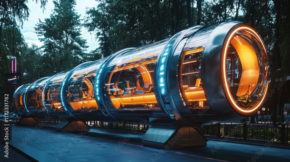 Poster revolutionizing transport high-speed hyperloop concept showcased in urban futuristic environment for
