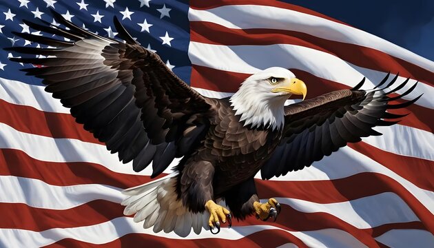 Majestic Bald Eagle Soaring Above American Flag: A Patriotically Powerful Image