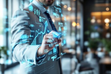 Businessman interacting with holographic financial data, graphs, and charts in a modern office background, concept of market analysis and forex. Ai generative