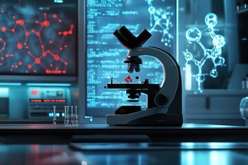 A futuristic laboratory setting featuring a sleek microscope analyzing a blood sample, with holographic data projections and molecular structures visible in the background.