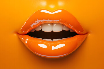 Fototapeta premium Glossy Orange Lips with Sensual Expression on Textured Background