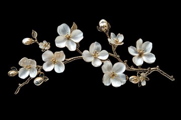 A branch of apple flowers with buds and blossoms, illuminated on a black background for a striking visual.