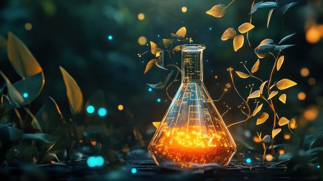 A glowing laboratory flask surrounded by vibrant plants, symbolizing scientific exploration.