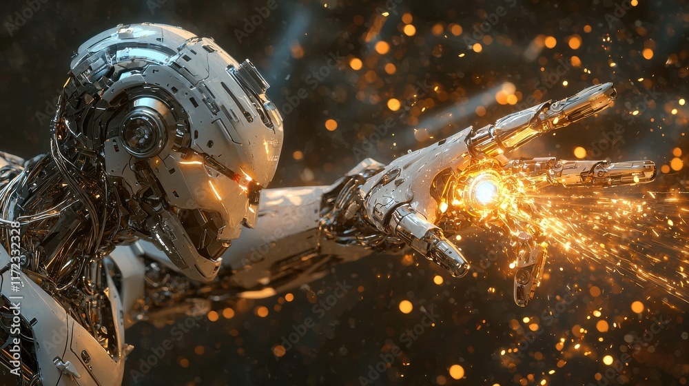Poster Self-repairing robot assembling components futuristic workshop digital art high-tech environment close-up view robotics innovation