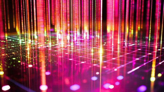 A high-tech scatter plot featuring glowing data points connected by thin neon trails, displayed on a reflective holographic background, enhancing the visual appeal and data clarity.