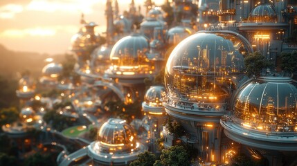 Futuristic cityscape with glowing domes and lush greenery at sunset