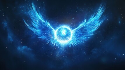 Obraz premium A glowing orb with ethereal wings, set against a cosmic backdrop, symbolizing freedom or transcendence.
