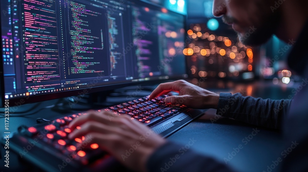 Poster person coding at a computer with vibrant screens and a glowing keyboard
