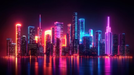 Illuminated futuristic city skyline urban environment digital art night view glowing technology concept