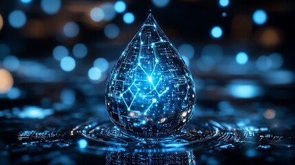 Glowing water drop with digital network inside.
