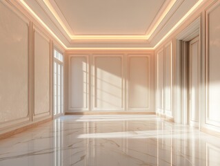 Sunlit empty room with marble floor, crown molding, and large windows.