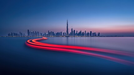 Stunning Night Scene of Dubai Skyline with Water Reflection