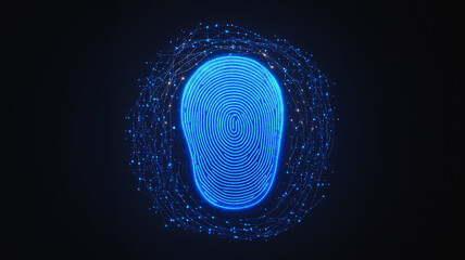 Cybersecurity Fingerprint: Abstract digital fingerprint glowing blue, surrounded by data streams.  Concept for digital security, data protection, and privacy.