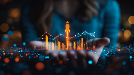 Launching into Success: A woman's hand cradles a glowing rocket ship soaring above a dynamic graph, visualizing ambitious growth and innovation in a captivating digital illustration.