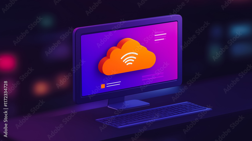 Poster cloud computing on desktop: a vibrant digital illustration of a desktop computer displaying a cloud 