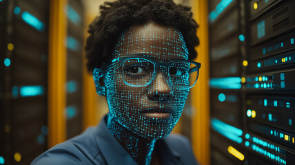 Digital Architect: A close-up portrait of a young woman with a determined expression, her face illuminated by glowing digital code, in a modern data center.