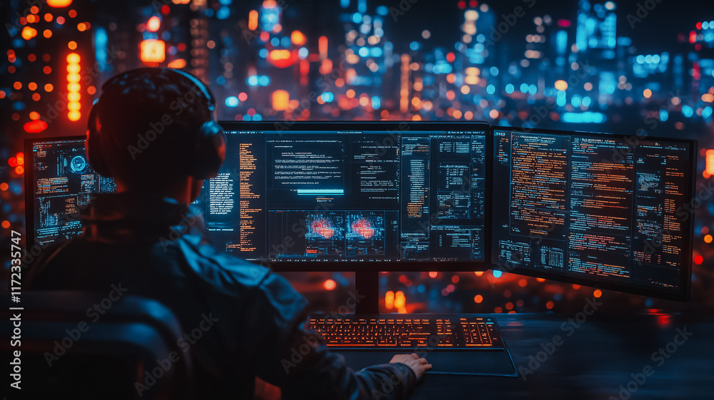 Poster cyberpunk coder: a solitary figure, lost in the glow of their triple monitor setup, navigates comple