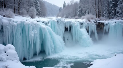 Majestic Frozen Waterfalls Surrounded by Snow-Covered Trees in a Winter Wonderland