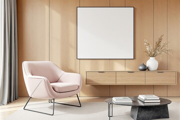 Fototapeta premium Blank poster mockup in a cozy modern living room with a wooden panel wall, pink armchair, decor, and sunlight. Concept of stylish interior design template. Ai generative