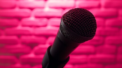 Pink-lit microphone on stage, brick wall background, music performance.