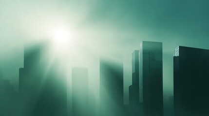 Ethereal Skyline with Mist and Shimmering Light in Soft Green Haze