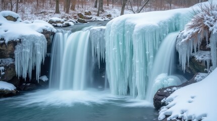 Majestic Winter Waterfall Surrounded by Icicles and Snow in a Tranquil Forest Setting