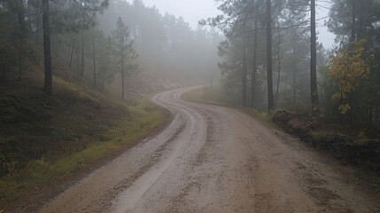 Fototapeta premium Winding Dirt Road in a Foggy Forest