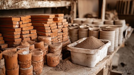 Clay bricks, pottery, and raw materials in a workshop.