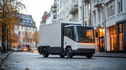 A modern, white electric delivery van drives on a city street at dusk, past shops and apartments.