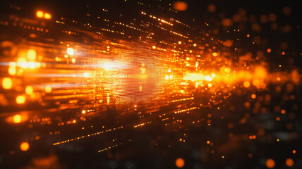 Obraz premium Fiery Data Stream: Abstract digital art depicting a vibrant stream of data and energy, glowing with intense orange and gold hues in a dark background. The dynamic composition suggests speed, power.